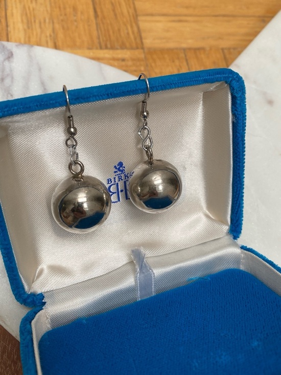 Vintage Jewelry - Vintage - Silver Dangle Ball Earrings with Bell